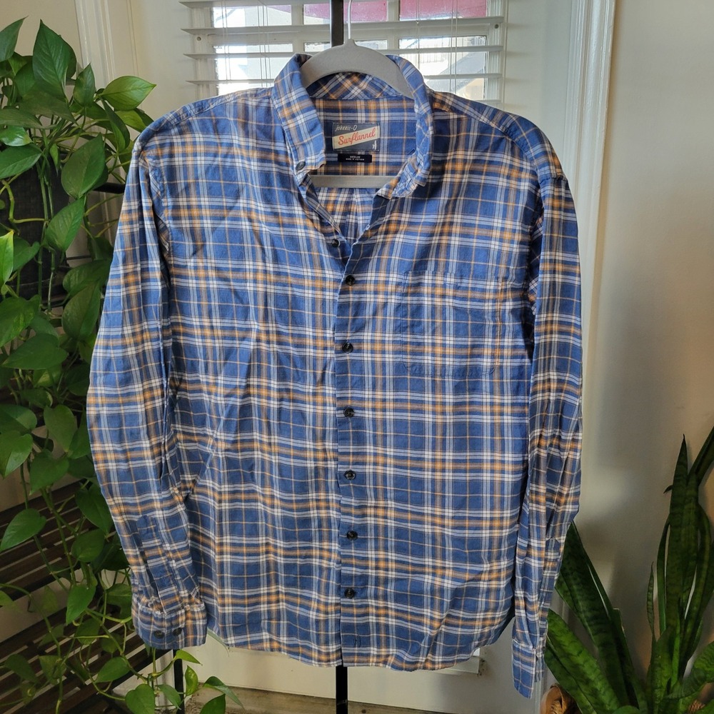 Johnnie-O Surflannel Mens Medium Blue Orange Plaid Button Down Shirt Stretch